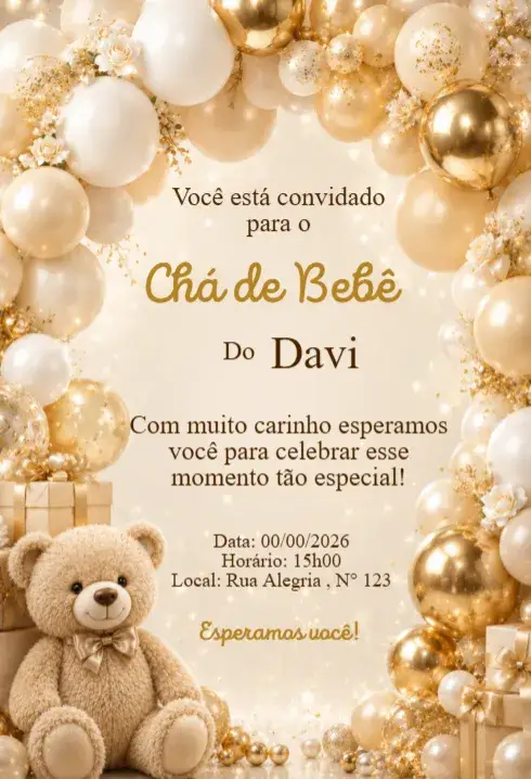 Invitación Convite Chá de Bebê Ursinho com Balões Brancos e Dourados – tema Chá de Fraldas dourado, branco, moderno, fofo, elegante, infantil