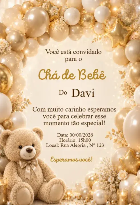 Invitación Convite Chá de Bebê Ursinho com Balões Dourados Luxo – tema Chá de Fraldas dourado, elegante, fofo, moderno, infantil, luxo