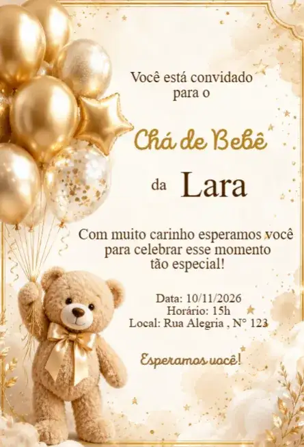 Convite Chá de Bebê Ursinho Dourado com Balões Editável | Convite Digital