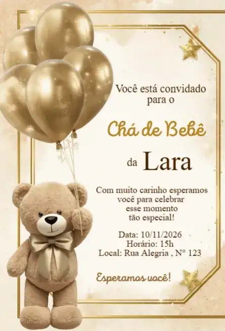 Convite Chá de Bebê Ursinho Dourado Editável | Convite Digital