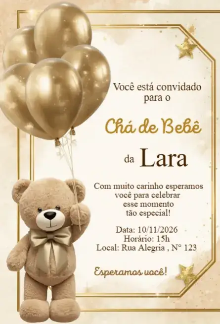 Invitación Convite Chá de Bebê Ursinho Dourado Editável | Convite Digital – tema Chá de Fraldas bege, dourado, lúdico, elegante, moderno