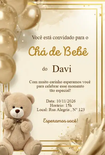 Convite Chá de Bebê Ursinho Dourado Editável | Convite Digital Menino