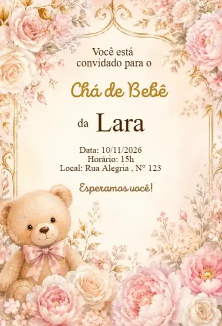 Convite Chá de Bebê Ursinho Floral Delicado