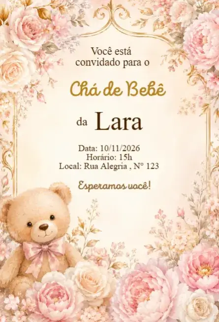 Invitación Convite Chá de Bebê Ursinho Floral Delicado – tema Chá de Fraldas floral, delicado, elegante, romântico, suave