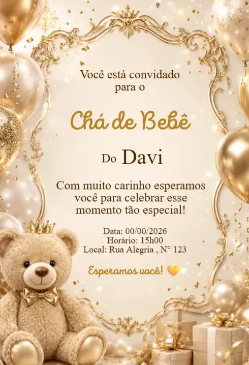 Convite Chá de Bebê Ursinho Luxo Dourado com Balões