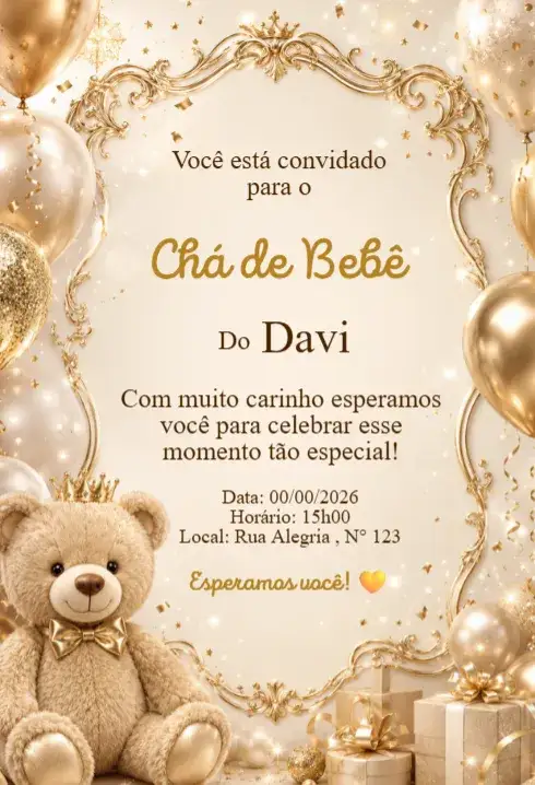 Invitación Convite Chá de Bebê Ursinho Luxo Dourado com Balões – tema Chá de Fraldas dourado, elegante, moderno, festivo, infantil