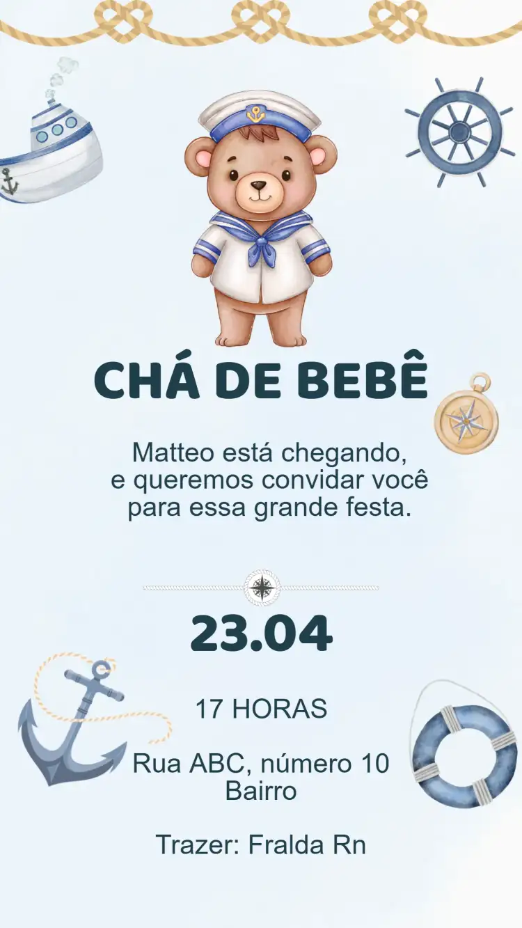 Convite Chá de Bebê ursinho marinheiro