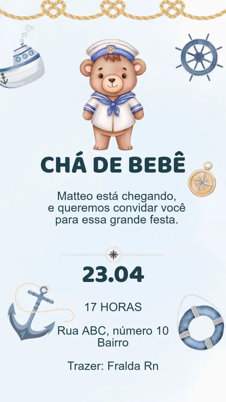 Convite Convite Chá de Bebê ursinho marinheiro – tema Chá de Fraldas náutico, infantil, suave, lúdico, colorido