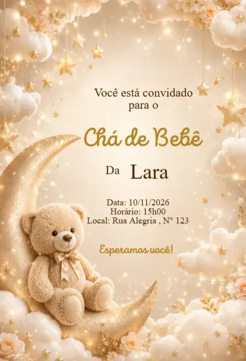 Convite Chá de Bebê Ursinho na Lua Céu dos Sonhos