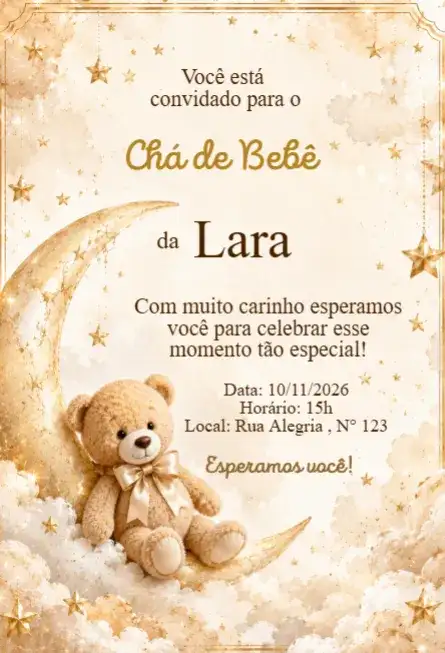 Convite Chá de Bebê Ursinho na Lua Dourado