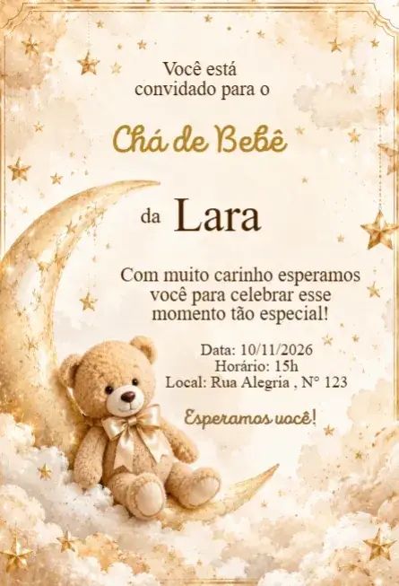 Invitación Convite Chá de Bebê Ursinho na Lua Dourado – tema Chá de Fraldas dourado, sonhador, elegante, infantil, astral, fofo