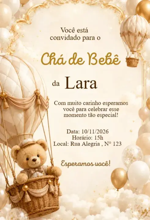 Invitación Convite Chá de Bebê Ursinho no Balão Dourado – tema Chá de Fraldas dourado, infantil, brincalhão, delicado, sonhador