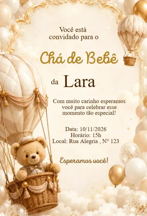 Golden Balloon Teddy Baby Shower Invitation