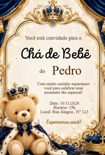 Invitación Convite Chá de Bebê Ursinho Príncipe Azul e Dourado – tema Chá de Fraldas azul, dourado, elegante, realeza, luxo