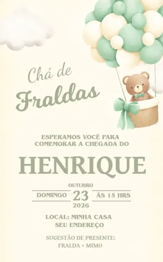 Convite Convite Chá de Fraldas Ursinho Verde – tema Chá de Fraldas ursinho, verde, neutro, balões, infantil, delicado