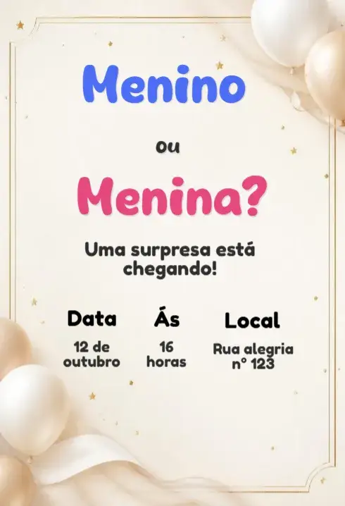 Convite Convite Chá Revelação – tema Chá Revelação moderno, colorido, divertido, minimalista, floral
