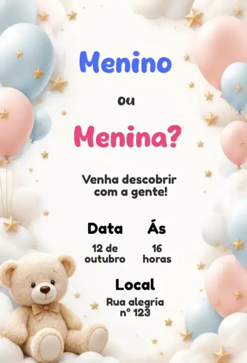 Convite Convite Chá Revelação – tema Chá Revelação moderno, colorido, minimalista, floral, divertido
