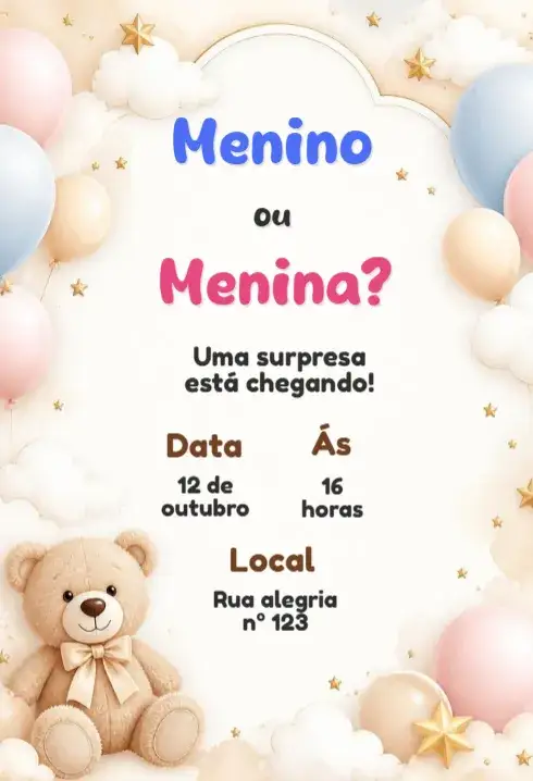 Convite Convite Chá Revelação – tema Chá Revelação moderno, colorido, divertido, minimalista, floral