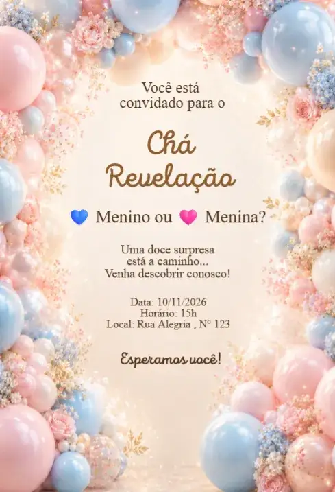 Invitación Convite Chá Revelação Balões Rosa e Azul Elegante – tema Chá Revelação rosa e azul, elegante, delicado, moderno, festivo