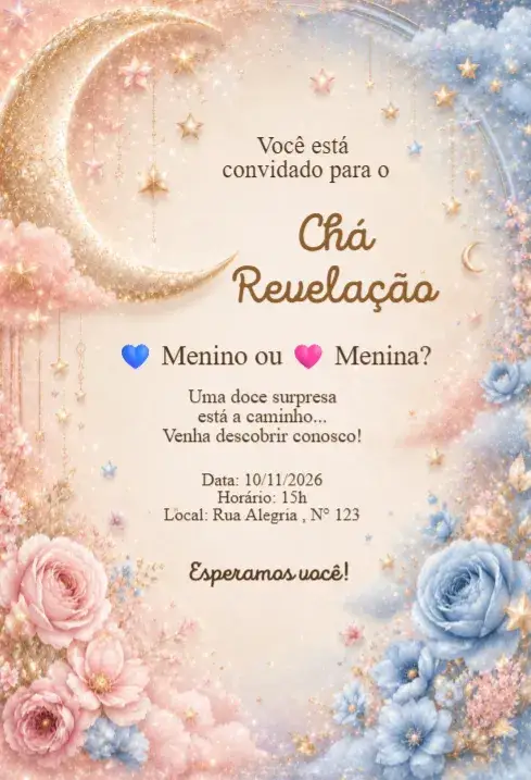 Invitación Convite Chá Revelação Céu dos Sonhos Rosa e Azul – tema Chá Revelação rosa, azul, nuvens, estrelas, lua, sonhador