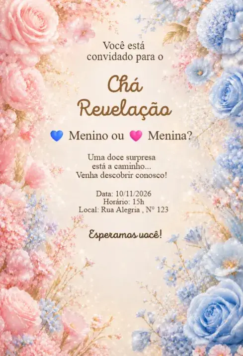 Convite Convite Chá Revelação Floral Rosa e Azul Elegante – tema Cartão floral, elegante, moderno, delicado, romântico, azul e rosa