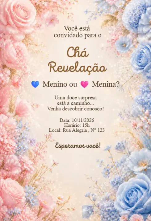 Convite Convite Chá Revelação Floral Rosa e Azul Elegante editável e personalizável