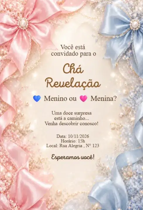 Convite Chá Revelação Laços Rosa e Azul Elegante