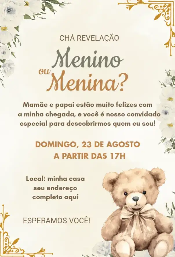Convite Chá Revelação Neutro Ursinho