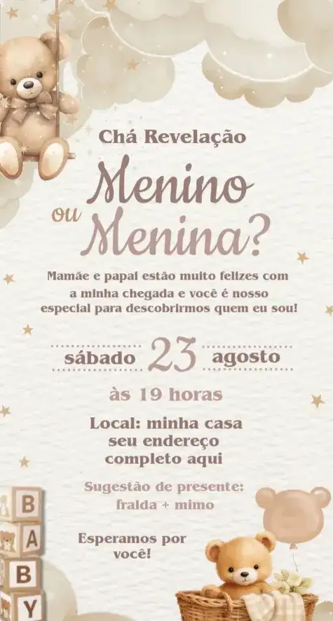 Convite Chá Revelação Neutro Ursinhos