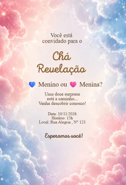 Invitación Convite Chá Revelação Nuvens Rosa e Azul Céu dos Sonhos – tema Chá Revelação nuvens, delicado, elegante, rosa e azul, sonhador