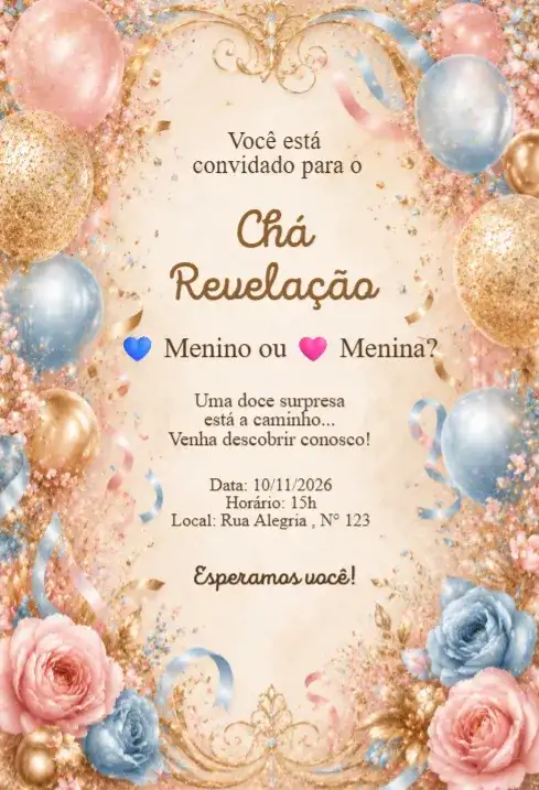 Convite Chá Revelação Rosa e Azul com Balões e Confetes