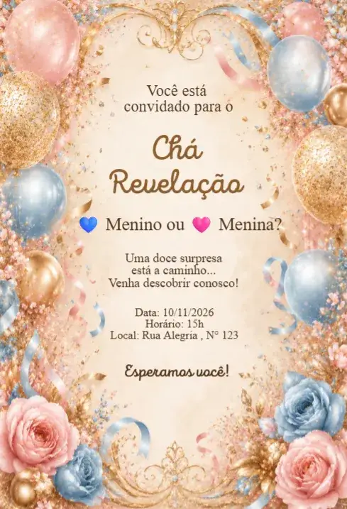 Invitación Convite Chá Revelação Rosa e Azul com Balões e Confetes – tema Chá Revelação rosa e azul, balões coloridos, confetes festivos, design alegre, moderno, divertido