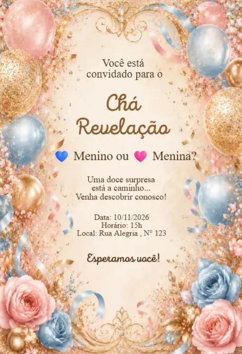 Pink and Blue Balloons and Confetti Gender Reveal Tea Invitation