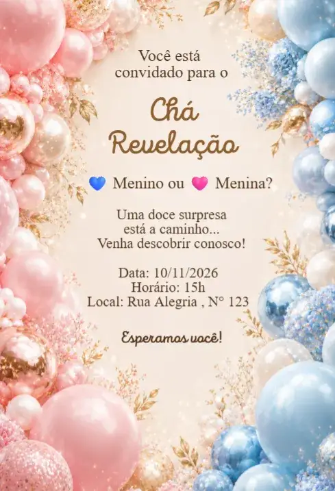 Invitación Convite Chá Revelação Rosa e Azul com Balões Elegante – tema Chá Revelação rosa e azul, elegante, balões coloridos, moderno, minimalista