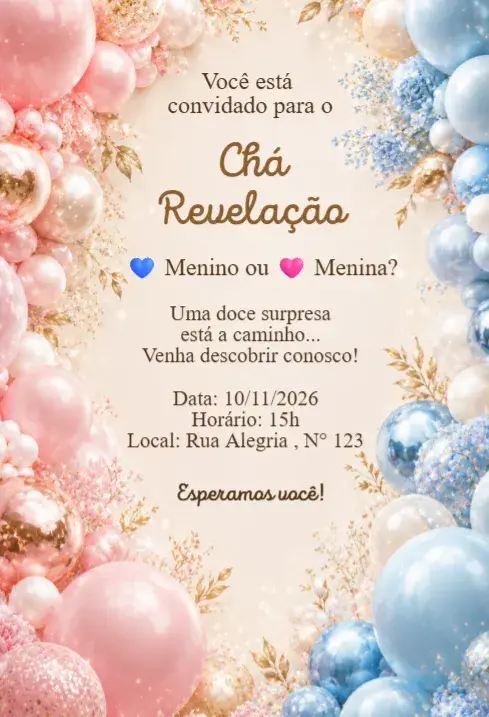 Invitación Invitación Revelación de Género Rosa y Azul con Elegantes Globos editable y personalizable