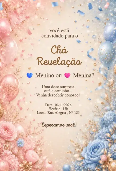 Convite Chá Revelação Rosa e Azul com Confetes Elegante