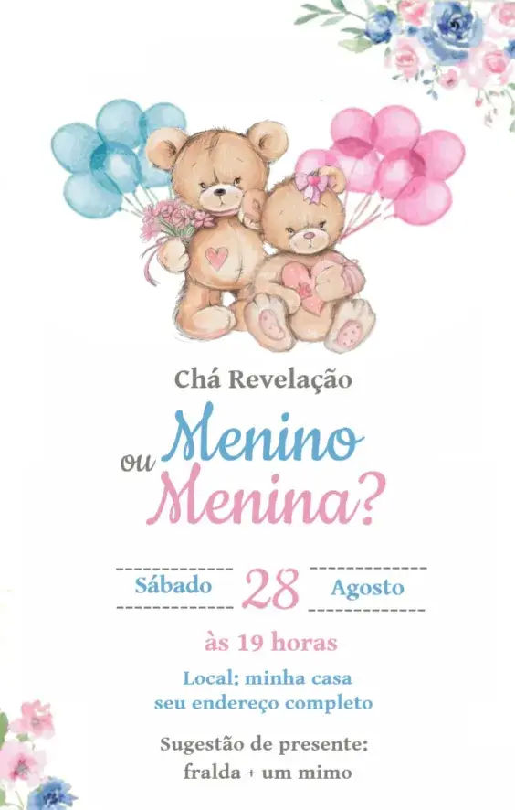 Convite Convite Chá Revelação Ursinhos Azul e Rosa editável e personalizável