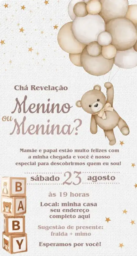 Convite Chá Revelação Ursinhos Neutro