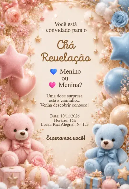 Invitación Convite Chá Revelação Ursinhos Rosa e Azul com Estrelas – tema Chá Revelação rosa e azul, estrelas, ursinhos, divertido, infantil