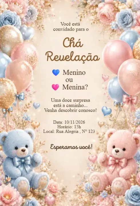 Convite Chá Revelação Ursinhos Rosa e Azul Elegante
