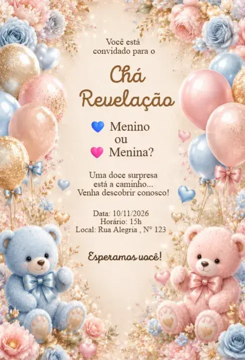 Elegant Pink and Blue Teddy Bears Gender Reveal Invitation