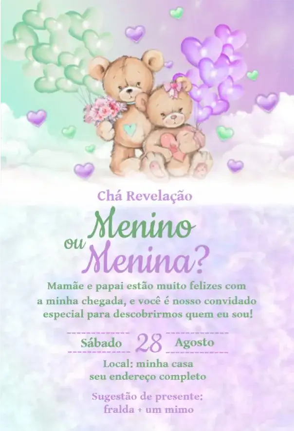 Convite Chá Revelação Verde e Lilás Ursinhos