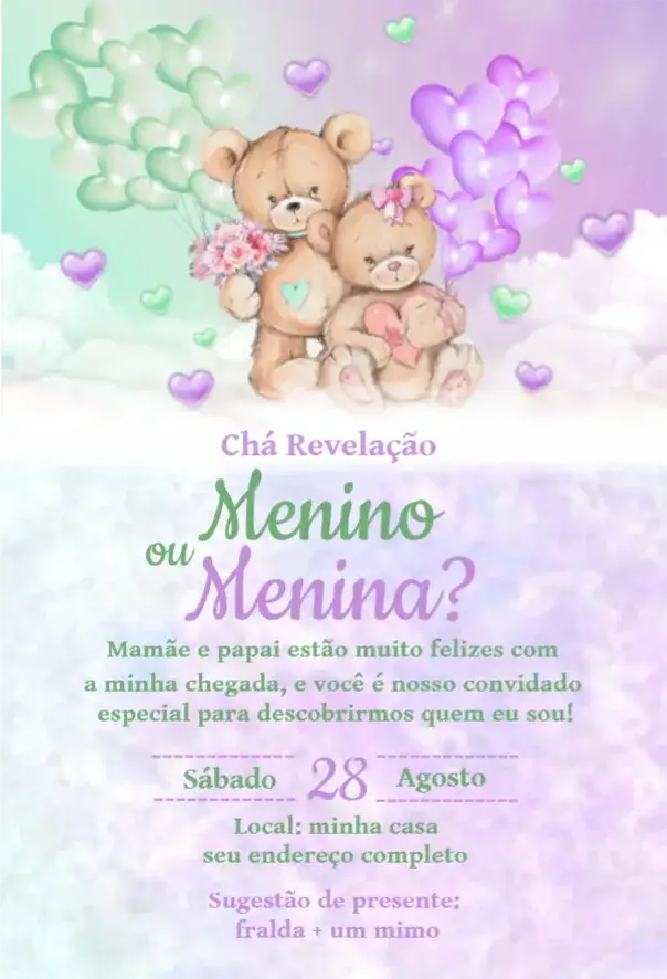Convite Convite Chá Revelação Verde e Lilás Ursinhos – tema Chá de Fraldas verde, lilás, ursinhos, divertido, moderno, suave