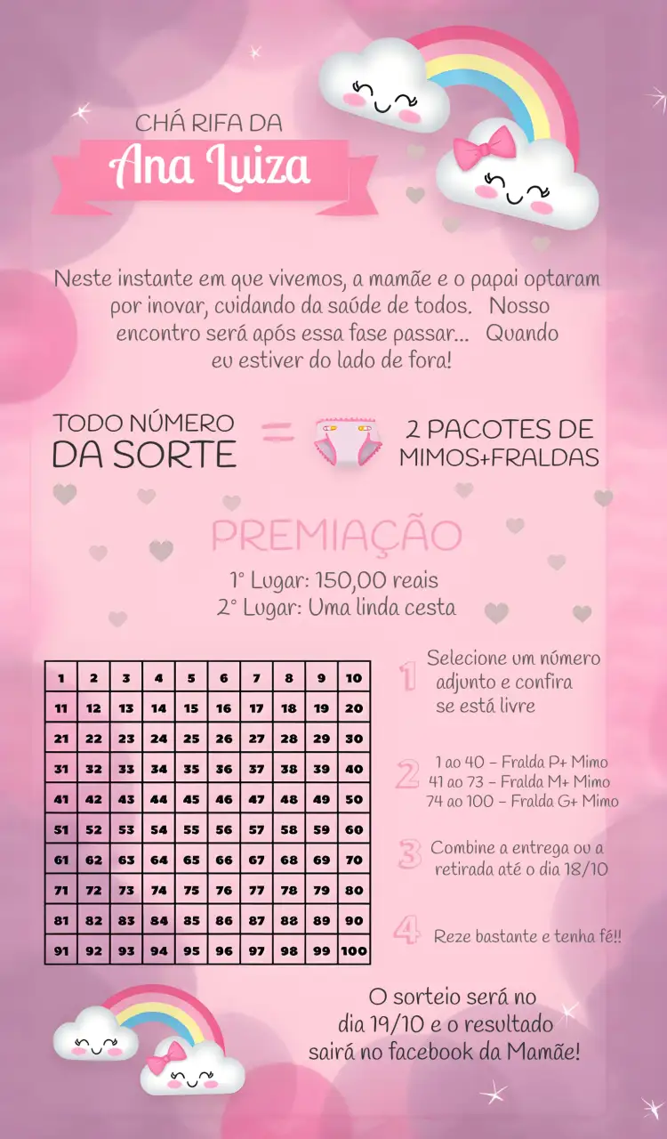 Convite Chá Rifa Chuva De Amor Menina – tema Chá Rifa rosa claro, cinza, arco-íris, fofo, delicado, infantil