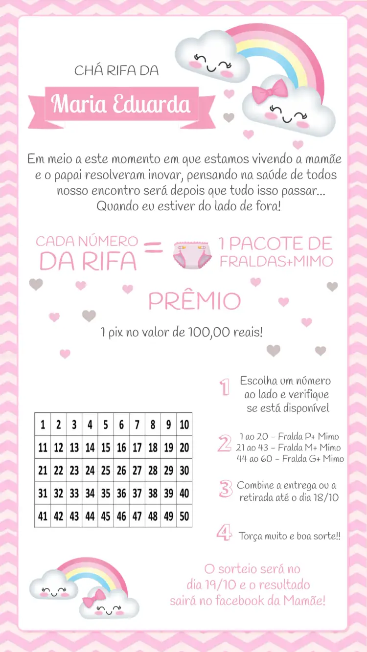 Convite Chá Rifa Chuva De Amor Cha – tema Chá Rifa rosa claro, cinza, arco-íris, nuvens, fofo, delicado