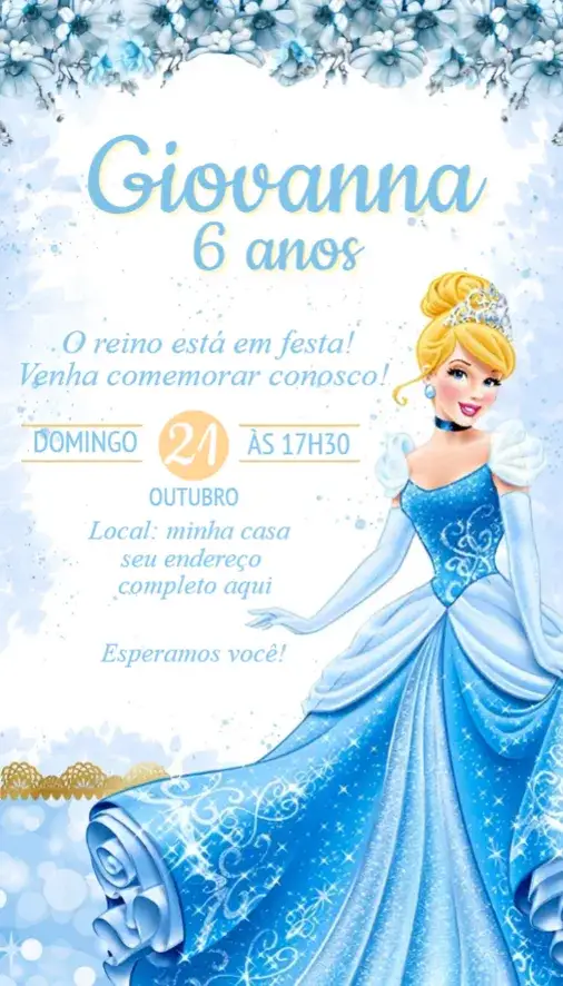 Convite Convite Cinderela – tema Aniversário princesas, luxo, azul claro, brilhante, floral, contos de fadas