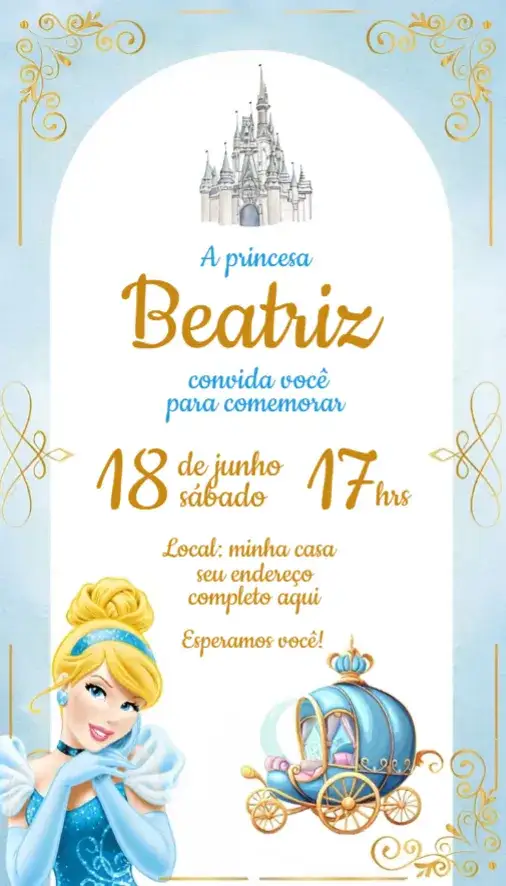 Convite Convite Cinderela – tema Aniversário mágico, azul, branco, ilustrações de princesas, festivo, conto de fadas