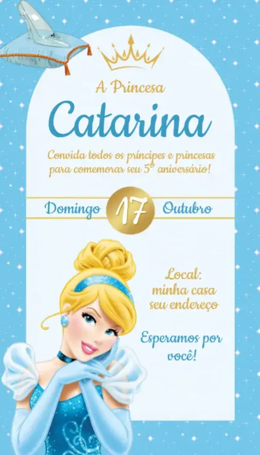 Convite Convite Cinderela – tema Aniversário mágico, pastel, princesa, conto de fadas, brilho, floral