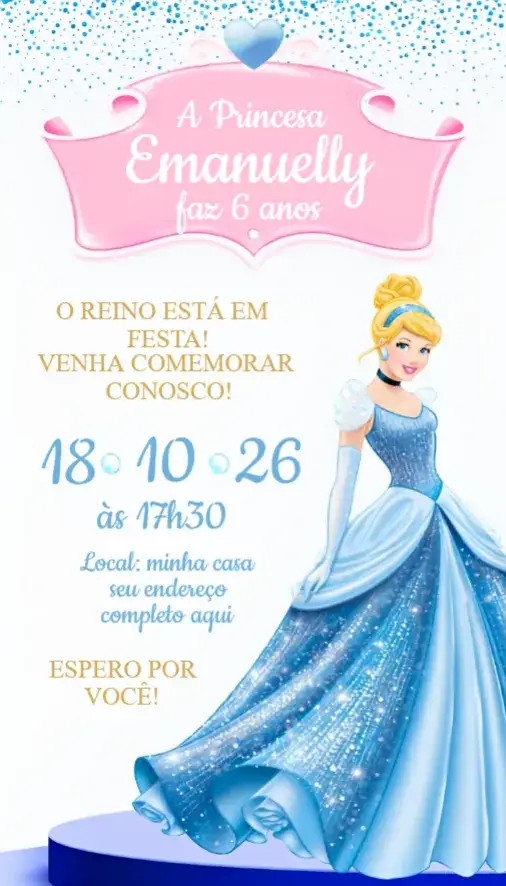 Convite Convite Cinderela – tema Aniversário mágico, infantil, colorido, princesas, fadas, conto de fadas