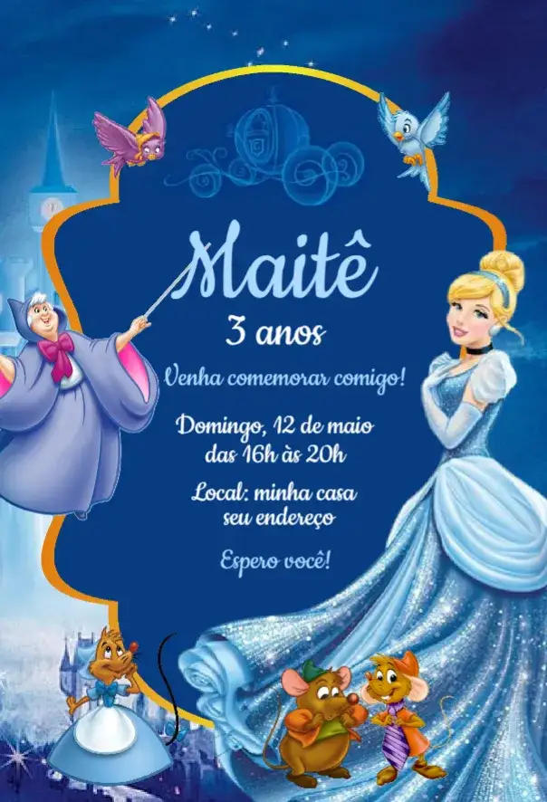 Convite Convite Cinderela – tema Aniversário azul claro, dourado, princesas, brilho, lúdico, sonhador